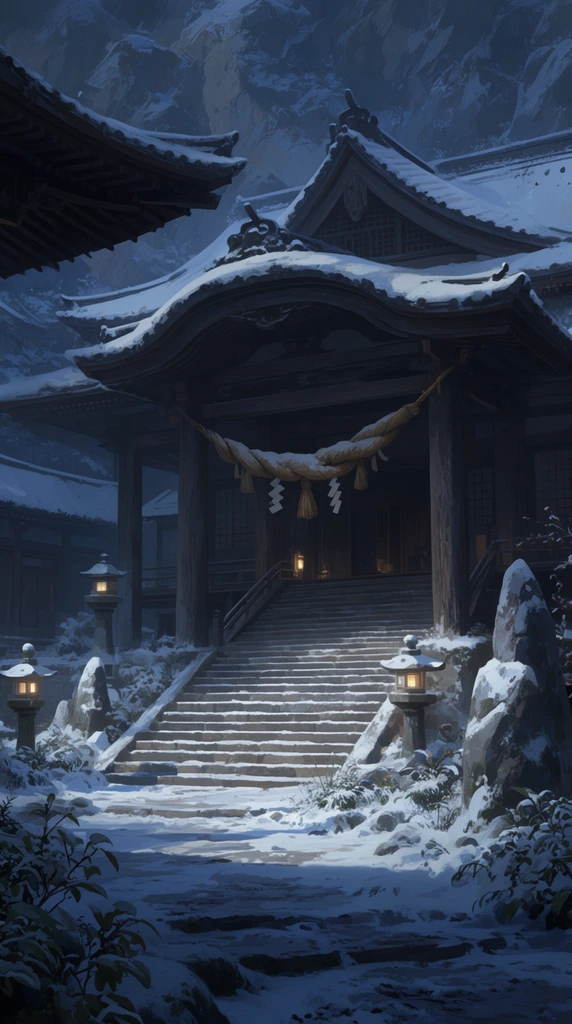snow-covered Japanese temple courtyard at dusk, wide stone stairs leading to a dark wooden sanctuary, sweeping roofs heavy with snow, thick shimenawa ropes with hanging shide suspended across the staircase, massive wooden pillars, stone lanterns casting a soft warm glow, snow-dusted rocks and winter foliage, rocky mountain background, deep atmospheric shadows, cool blue and gray palette, cinematic lighting, detailed digital concept art, wide-angle perspective
