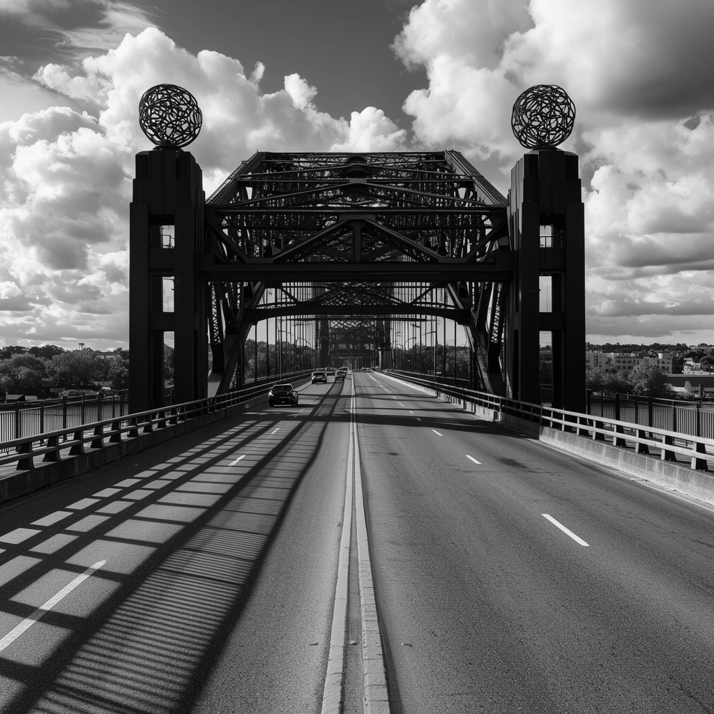 black and white architectural photography, wide symmetrical vanishing point perspective down a multi-lane road toward a heavy steel truss bridge, strong diagonal shadows cast across the left lanes from a continuous railing, massive dark pillars flanking the bridge entrance topped with intricate spherical metal sculptures, dense network of structural steel girders, small distant vehicles driving forward, tree-lined shores and low city buildings on the horizon, dramatic high-contrast sky with billowing cumulus clouds, sharp focus, deep depth of field, striking interplay of light and heavy silhouette