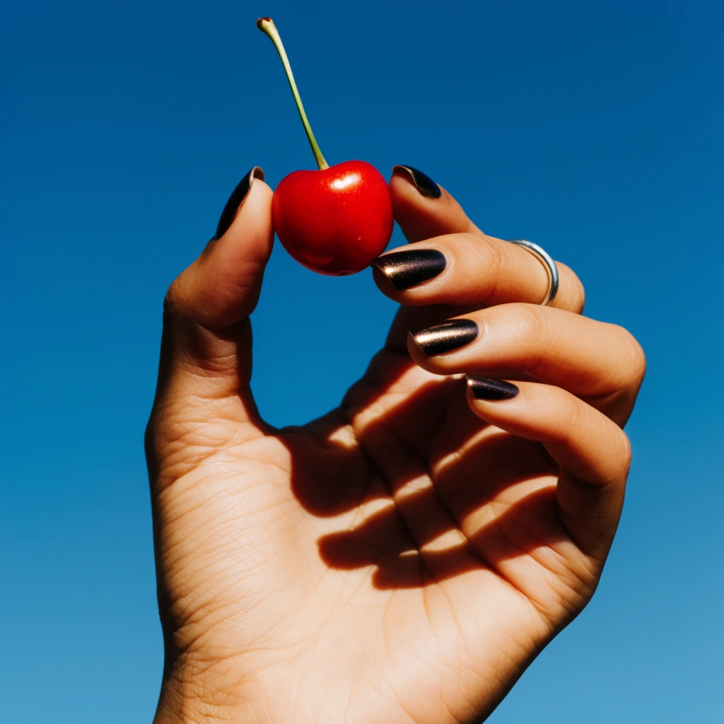 hand holding a bright red cherry against a vivid blue sky, dark metallic nail polish, silver ring, warm skin tone, strong sunlight casting deep shadows on palm, minimalist high contrast photography