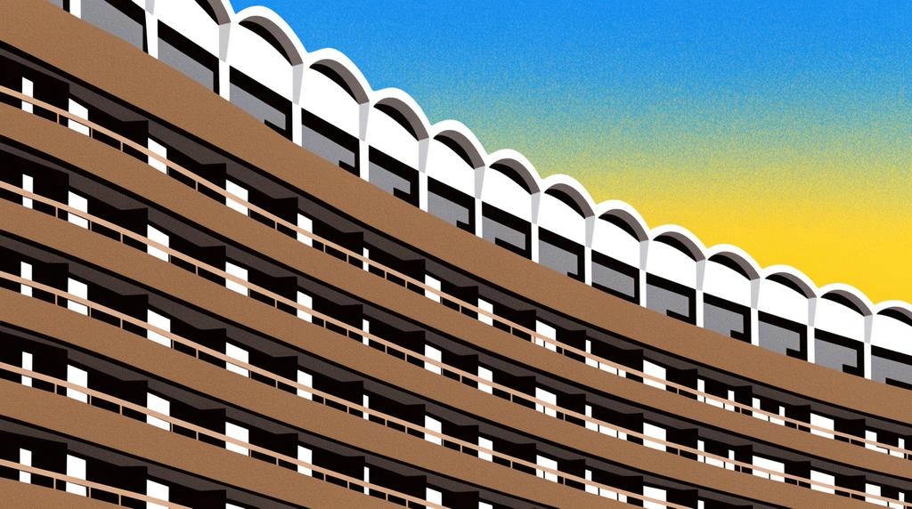 curved brutalist building facade sweeping diagonally, repeating tiers of brown balconies, dark rectangular recesses, white scalloped roofline arches, stark geometric shadows, retro vector illustration, stippled texture, blue to yellow gradient sky, low angle perspective