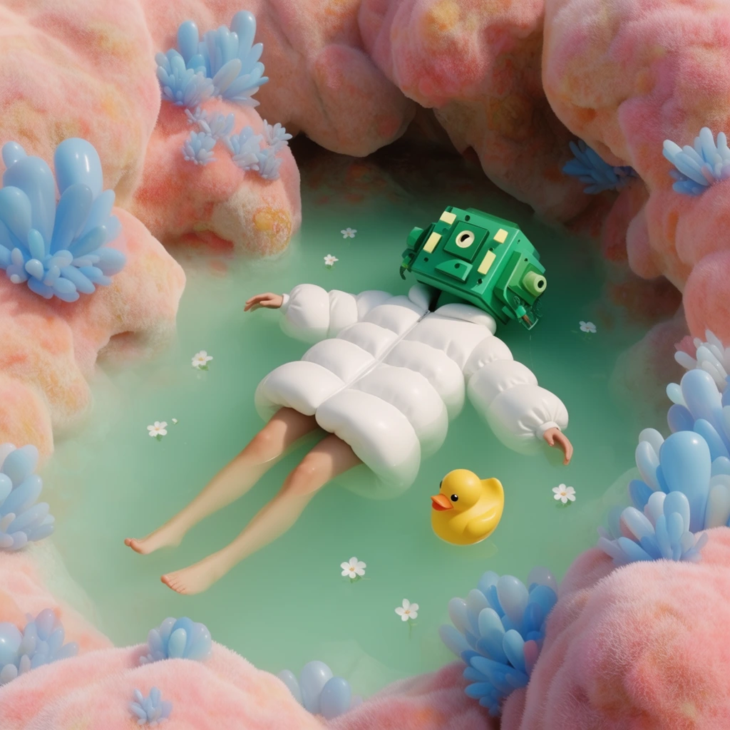 A surreal pop-art 3D render of a figure with a blocky green robotic head, puffy white coat, and bare human legs floating in opaque mint-green water. A yellow rubber duck and tiny white flowers drift nearby. The pool is enclosed by fuzzy pastel pink and peach cavernous rocks adorned with smooth blue coral-like blooms under soft dreamy lighting.