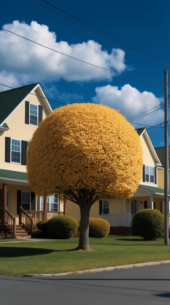 perfectly spherical tree with dense golden foliage, manicured green lawn, asphalt road, two-story suburban houses with pale yellow siding and dark green roofs, black window shutters, wooden front porches, rounded bushes, utility pole, intersecting power lines, deep blue sky, fluffy white clouds, vivid sunlight, crisp high-contrast color photography