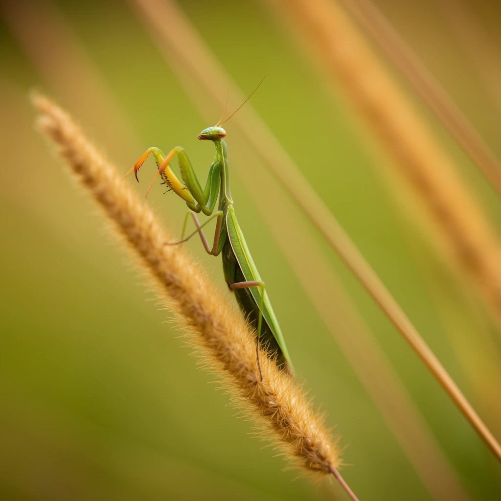 A macro photograph of a slender green praying mantis perched diagonally on a fuzzy, golden-brown grass spikelet. The insect faces upward with its spiked forelegs raised, clinging to the bristly plant. An extremely shallow depth of field isolates the sharp details of the mantis and seed head against a softly blurred bokeh background. This backdrop features smooth gradients of chartreuse, olive, and warm tan, punctuated by out-of-focus diagonal lines of other grass stems. Soft, natural lighting highlights the delicate textures of the insect's exoskeleton and the downy plant fibers.