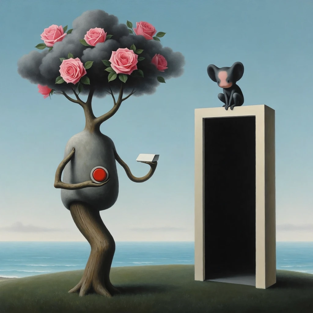 A surrealist oil painting depicts a tree shaped like a humanoid figure standing beside a free-standing doorway topped by a small creature against a minimalist coastal horizon. On the left, the tree features a grey, bulbous, stone-like torso supported by a thick, curved wooden trunk that resembles a leg. Two thin wooden branches emerge from the sides of the torso like arms, curving inward to hold a small white rectangular object and a prominent red circular button. Above the torso, two more branches rise to support a dense, charcoal-grey cloud formation blooming with several vibrant pink roses and green leaves. To the right, a tall, rectangular, cream-colored structure resembling a doorframe stands on the ground, its interior a solid, featureless black. Perched on the flat top of this structure is a small, dark grey creature with large, rounded ears and pinkish patches on its face, sitting in a crouched position. The entire scene is set on a gentle, dark green grassy hill. In the background, a calm, light blue sea stretches toward a soft horizon under a clear, pale blue sky that fades to white near the water line. The lighting is soft and diffused, casting gentle shadows and highlighting the smooth, blended textures of the subjects. The composition is balanced and symmetrical, utilizing a muted color palette dominated by blues and greens, punctuated by the sharp pink of the roses and the red of the central object.