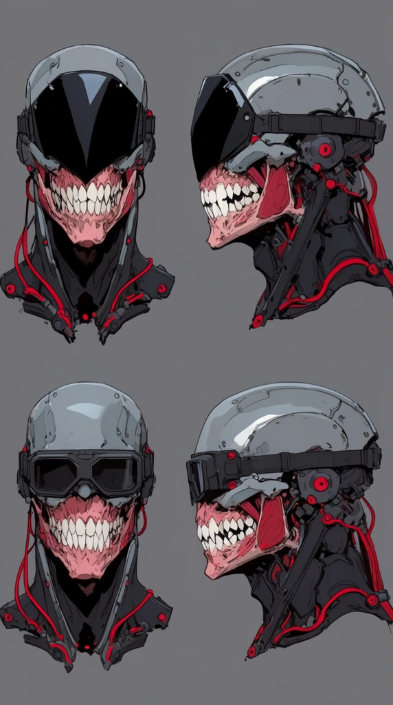 Four distinct views of a biomechanical cyborg head showcase a fusion of sleek metal armor and a horrifying organic jaw. The conceptual design features smooth grey cranial plating and black neck guards accented by vivid red cables and mechanical nodes. A sharp, opaque black visor dominates the upper face, while the exposed lower half reveals raw pink musculature and oversized, jagged white teeth. The turnaround sheet displays front and side profiles, alternating between a solid black faceplate and dark tactical goggles. Rendered against a flat neutral grey background, the artwork utilizes crisp dark linework and stark cell-shaded lighting typical of industrial sci-fi horror aesthetics.