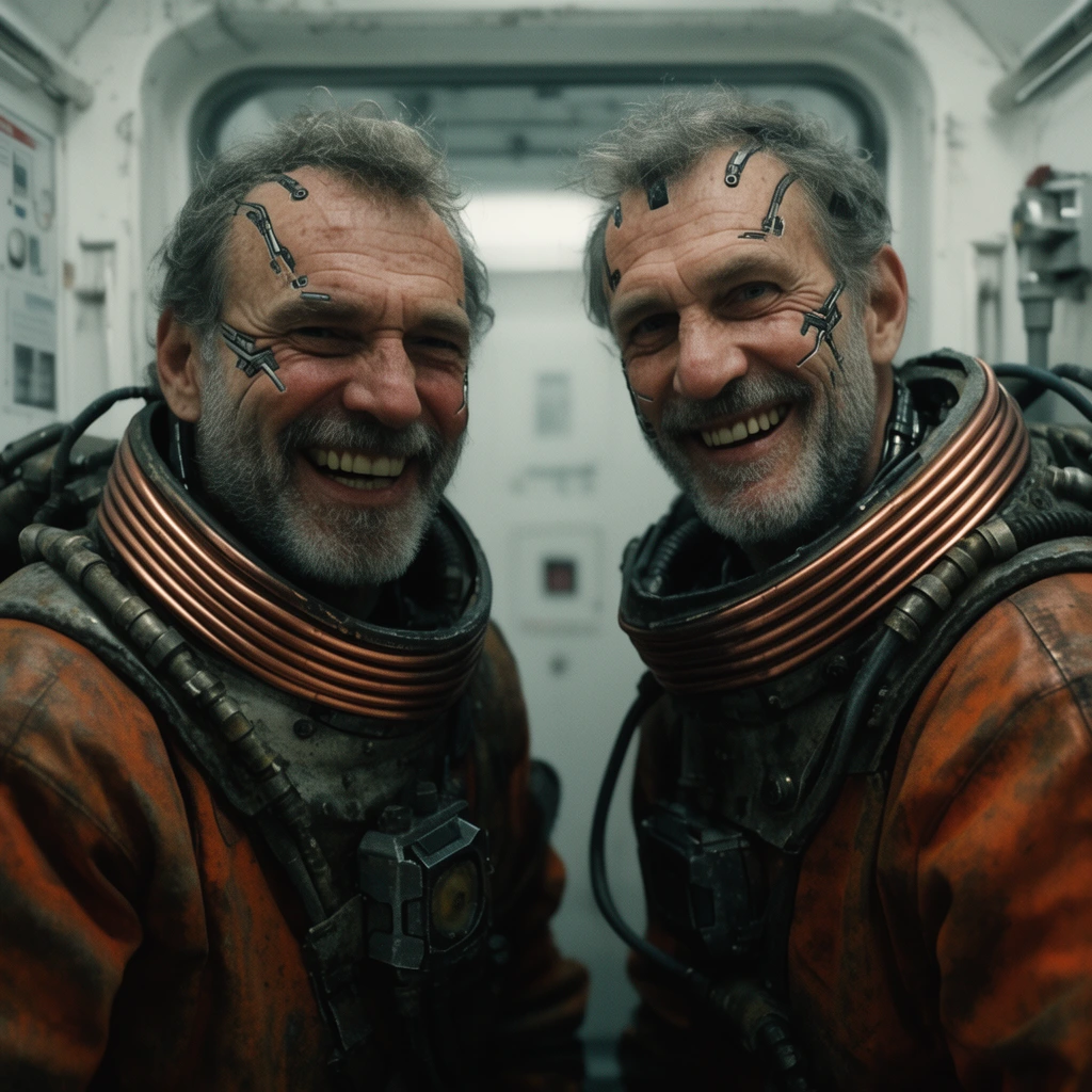 Two grizzled miners with cybernetic implants stand inside a stark white airlock, grinning broadly. They wear bulky rust-orange industrial hazard suits with ribbed copper neck collars. Cinematic 35mm film, shallow depth of field, dramatic lighting.