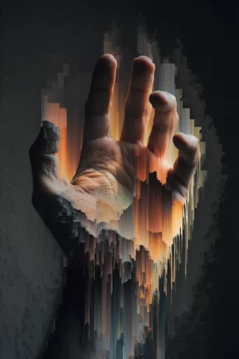 Amber Glitch Decay style reference image — amber and crimson palette
