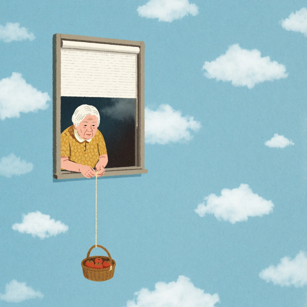 A surreal image depicts an elderly woman leaning out of a rectangular window that floats isolated in a vast, bright blue sky. The woman has short white hair and wears a brown patterned shirt, her body positioned in the left opening of the window frame while she looks downward with a neutral expression. She holds a thin, light-colored rope that extends vertically down to a small, round wicker basket hanging in the air. Inside the basket, several bright red, round objects are visible. The window features a wooden frame and a white roller shutter that is halfway closed, covering the top portion of the opening. The background consists entirely of a clear blue sky filled with scattered, soft white clouds of various sizes. The composition is vertically centered, focusing on the line formed by the window, the rope, and the basket. The lighting is bright and even, as if from a midday sun, casting soft shadows within the window’s interior. The entire image has a vintage, grainy texture with small white dust specks, contributing to a dreamlike, minimalist, and surrealist artistic style.