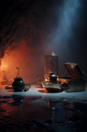 Sublime Chiaroscuro Gothic style reference image — volcanic amber and deep blue palette