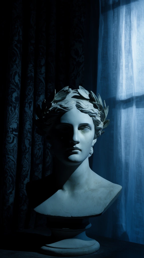 pale classical bust with laurel wreath in deep shadows, sharp cool blue chiaroscuro lighting, dark patterned curtains, sheer illuminated window fabric, cinematic noir