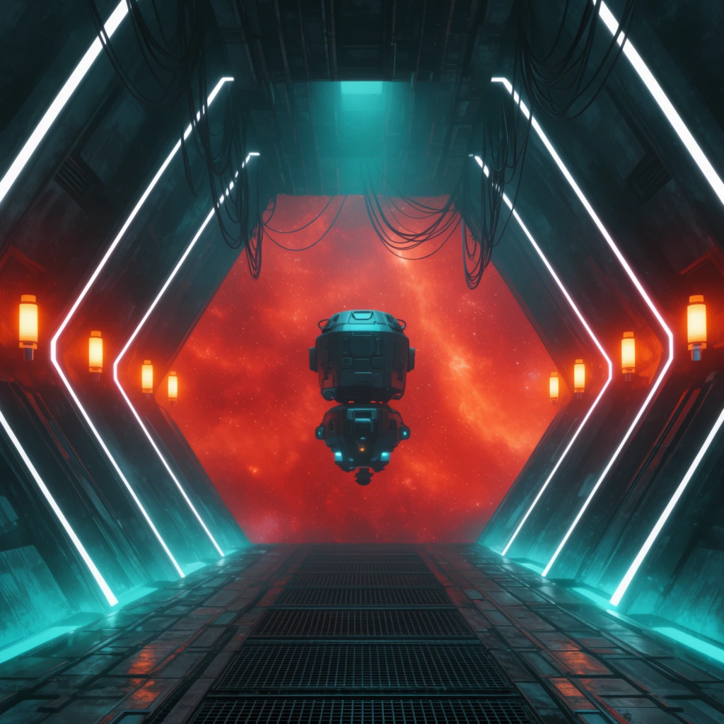 symmetrical hexagonal sci-fi corridor, central hovering drone against a red-orange nebula background, glowing white edge lights, orange wall lamps, cyan ambient glow, dangling cables, metal grated floor, cinematic lighting
