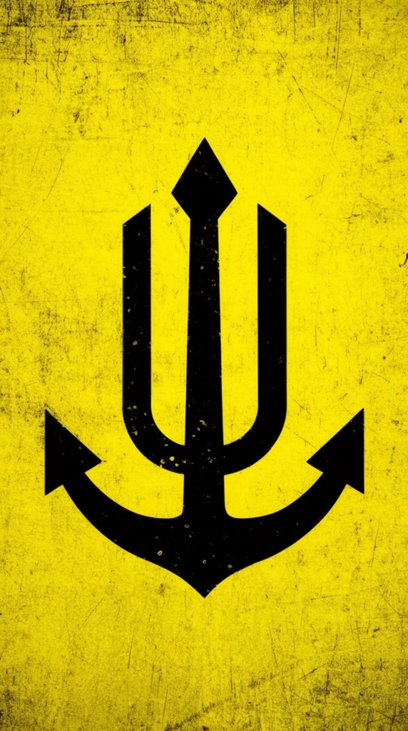 A stark black, highly stylized emblem combining a trident and an anchor sits centrally on a heavily distressed, vibrant yellow background. The symmetrical geometric graphic features a thick central vertical pillar topped with a pointed diamond, flanked by two parallel bars curving inward at their bases. The bottom half flares outward into the curved flukes of a ship's anchor, terminating in sharp triangular arrowheads. Rendered in flat black, the symbol exhibits scattered pitting that integrates it into the textured backdrop. The bold yellow surface is covered in a dense network of dark grunge, fine scratches, and scuff marks, giving the composition the weathered appearance of an aged stencil on an exposed metal bulkhead.