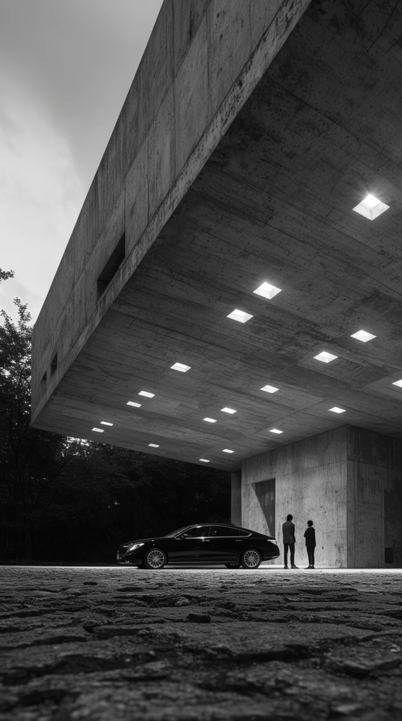 brutalist concrete cantilever roof with glowing recessed lights, black sedan parked beneath with two small figures, heavily textured ground, dark silhouetted trees, dramatic low angle perspective, high contrast grayscale architectural photography