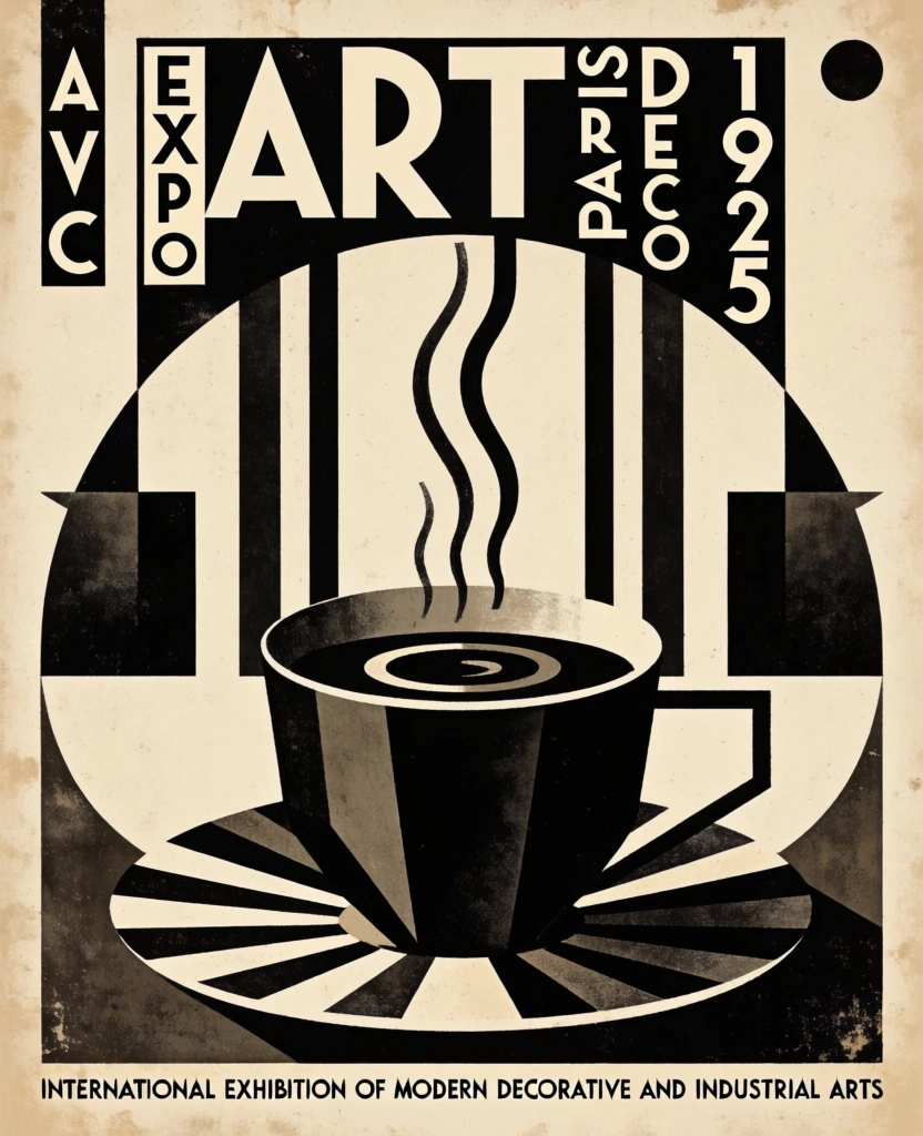 An Art Deco-style poster features a stylized black coffee cup and saucer set against a background of geometric shapes and architectural lines in a high-contrast black and cream color palette. The central black coffee cup has sharp cream-colored highlights on its side and a thin handle on the right. Inside the cup, concentric cream-colored rings represent the liquid’s surface, from which three wavy, black vertical lines rise upward to represent steam. The cup sits on a circular saucer that displays a radial pattern of alternating black and cream lines, resembling a gear or sunburst. Behind the cup, symmetrical black blocks and vertical stripes create a structured, architectural backdrop with sharp diagonal cuts. At the top of the poster, the text "EXPO ART DÉCO 1925" is written in a bold, geometric sans-serif font. The word "EXPO" is stacked vertically to the left of "ART," the word "PARIS" is stacked vertically between "ART" and "DÉCO," and "1925" is stacked vertically to the right of "DÉCO." Along the bottom margin, a single line of uppercase black text reads "INTERNATIONAL EXHIBITION OF MODERN DECORATIVE AND INDUSTRIAL ARTS." The overall composition is centered and balanced, utilizing the minimalist graphic design characteristic of the early 20th-century Art Deco movement.