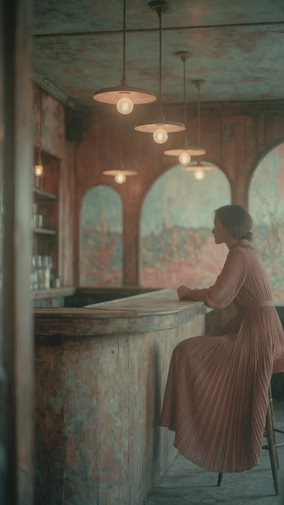 muted teal and desaturated terracotta color palette, soft-focus cinematic surrealism, diffused volumetric lighting, a woman sitting at a weathered bar counter, wearing a dusty rose pleated dress, glowing warm pendant lights hanging from the ceiling, painterly textures, vintage film grain, nostalgic melancholic mood, low contrast shadows, subtle light halation, matte finish, balanced composition, ethereal atmospheric haze, aged patina on interior surfaces