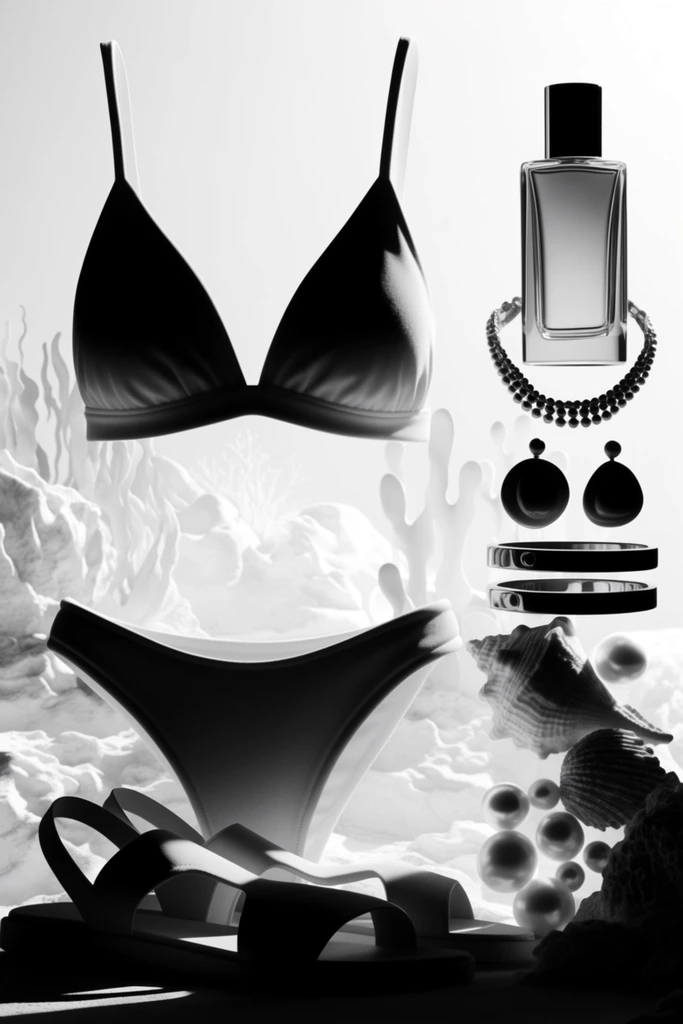 A dramatically lit, monochromatic black-and-white composition centers on a bikini set, sandals, and an array of elegant accessories arranged against a stark, high-key marine-themed background. The bikini set and a pair of sandals are positioned as heavy, solid forms in the foreground, their surfaces rendered with smooth grayscale gradients that plunge abruptly into pure, pitch-black shadow. To the side, a vertical arrangement featuring a sleek perfume bottle, a draped necklace, two distinct earrings, two matching bracelets, heavily textured shells, and perfectly spherical pearls mimics a dense architectural column, framed with a sharp crop at the edge of the scene. The marine environment behind these elements consists of brilliant white, stylized aquatic shapes and undulating ridges heavily backlit by an intense, glaring light source. The visual style relies on extreme chiaroscuro, utilizing harsh, directional illumination to cast dense, opaque silhouettes that contrast fiercely against the luminous white void. The image exhibits an ultra-minimalist, highly structural aesthetic characterized by pristine edge definition, profound depth through dramatic shading, and a moody, rigorously geometric photographic perspective.