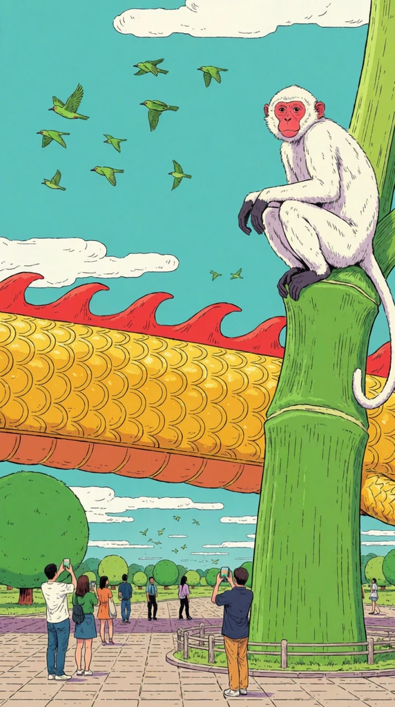 A vibrant ligne-claire digital illustration of a towering white monkey resting on a massive green stalk beside a colossal golden dragon bridge. Tiny humans stroll and take photos on a paved pathway below. Green birds fly across a bright teal sky dotted with flat clouds and distant round trees, rendered with crisp line art and vivid, flat comic-book colors.
