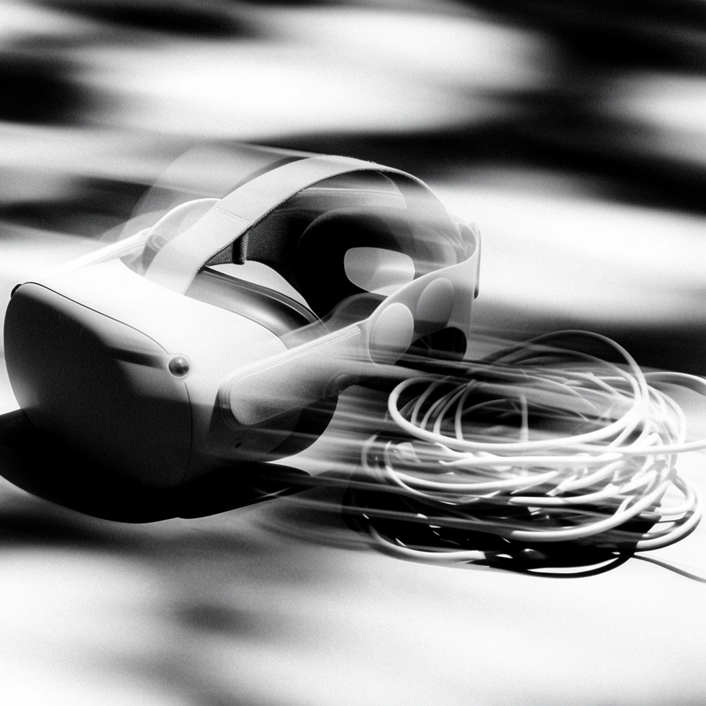 A virtual reality headset and a tangled pile of cord rest on a flat surface, deeply distorted by extreme horizontal motion blur in a high-contrast black and white photograph. The bulky visor and straps of the headset smear into ghostly, overlapping silhouettes, stretching across the frame in ethereal, sweeping streaks. Beside the headset, the dense loops of the tangled cord elongate into continuous, horizontal bands of stark white and dark gray. The underlying flat surface and the background completely dissolve into abstract, flowing waves of alternating light and shadow. Deep, inky blacks contrast sharply with blown-out, luminous highlights, creating an intense monochrome palette. A dense layer of coarse film grain covers the entire composition, texturing the blurred motion trails and softening the edges of the stretched forms.