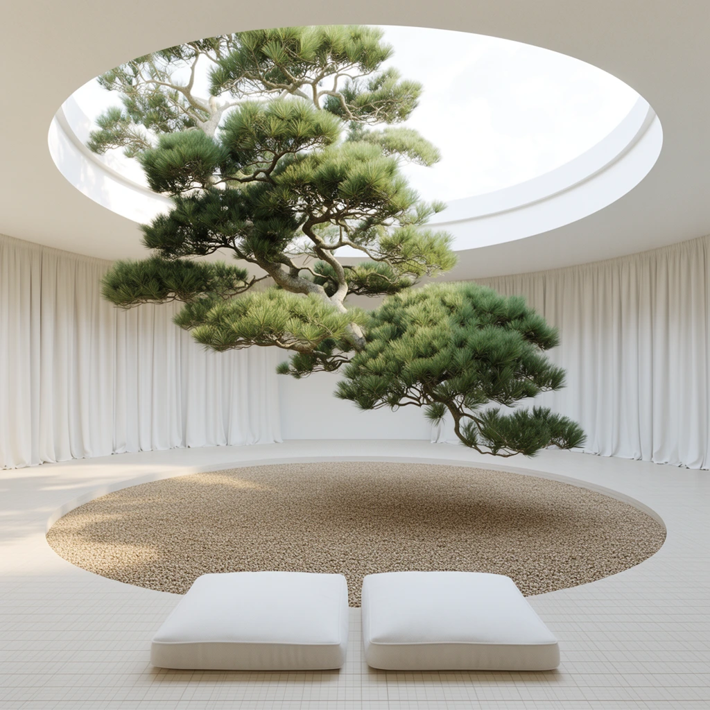 A minimalist circular room features a large manicured pine tree with twisting branches and dense green needles descending gracefully from a massive open skylight. The tree hovers above a perfectly circular bed of tan gravel set into a light, grid-patterned floor. In the foreground, two square white floor cushions rest side-by-side. The airy space is enclosed by smooth, curved white walls and softly gathered floor-to-ceiling white curtains. Bathed in bright, diffused natural daylight, the photorealistic architectural visualization emphasizes a tranquil, high-key atmosphere with clean geometric lines, neutral tones, and vibrant organic green accents.