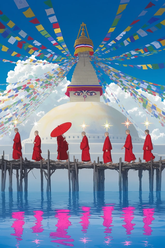 seven figures in red robes traversing a weathered wooden stilt bridge, calm blue water showing vibrant pink reflections, one figure carrying a red umbrella, glowing star halos above heads, giant white stupa with painted eyes towering in the background, colorful prayer flags radiating into a bright blue sky, fluffy white clouds, 2D anime illustration style, serene surreal composition, bright lighting