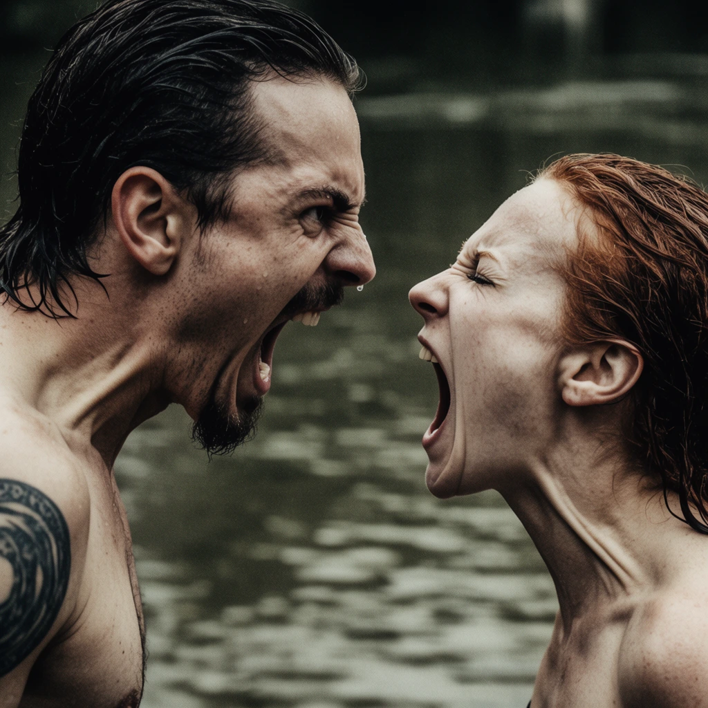 Two bare-chested people face each other in extreme profile, their faces contorted in aggressive, wide-mouthed screams against a blurred, murky body of water. On the left, a man with wet slicked-back dark hair, a goatee, and a large dark circular tattoo on his upper arm yells with narrowed eyes and a furrowed brow. Opposite him, a woman with wet reddish hair screams with eyes tightly shut, her prominent neck tendons straining. The composition uses a shallow depth of field, isolating the sharp, pale skin textures and water droplets against the out-of-focus ripples of the dark greenish-grey background. The high-contrast, desaturated color palette and gritty photographic texture enhance the dramatic, raw cinematic lighting of the tense confrontation.