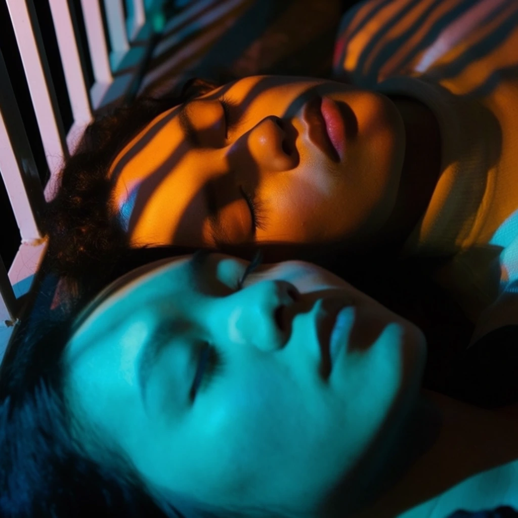 close-up overhead portrait of two individuals lying supine, heads adjacent with eyes peacefully closed, striking dual-color lighting, foreground face bathed in intense cyan light, background face illuminated by warm amber light, graphic diagonal striped shadows cast across both faces from a white slatted railing, deep cinematic shadows, vivid neon color gels, moody nocturnal atmosphere, intimate framing