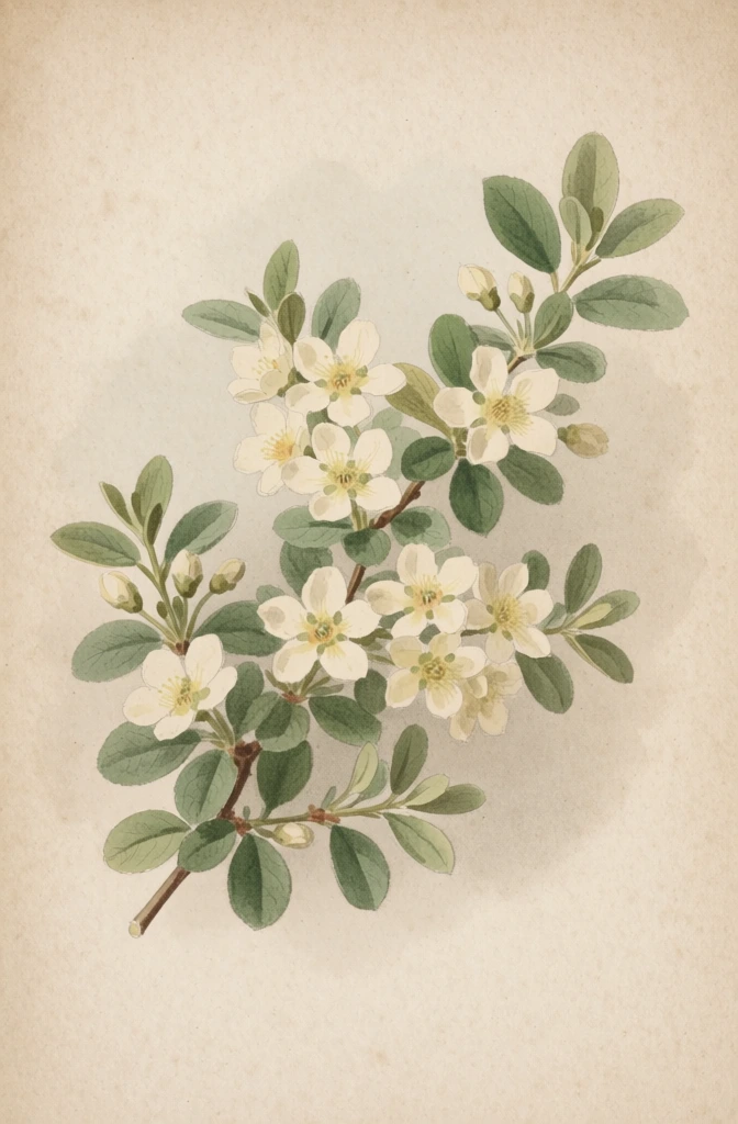 Create an antique watercolor botanical illustration of a flowering branch on a light beige, paper-textured background. The branch has many small, oval green leaves and clusters of pale cream-to-white blossoms with soft yellow centers, plus several unopened buds. Muted, earthy tones.