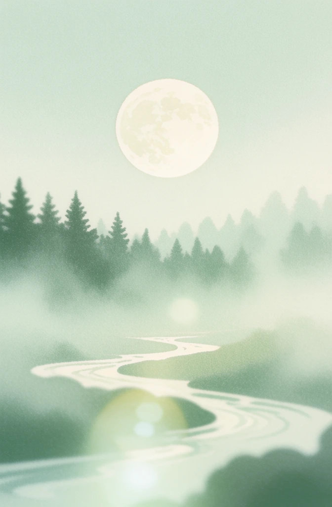 ethereal minimalist illustration, grainy stippled texture, soft-focus painterly aesthetic, high-key lighting, pale mint green and cream palette, luminous full moon suspended above misty pine trees and a winding river, soft organic shapes, lens flare and bloom effects, subtle bamboo mat border framing the composition, dreamy tranquil mood, diffused edges, atmospheric and airy, muted earthy tones within the green spectrum, delicate pointillism.