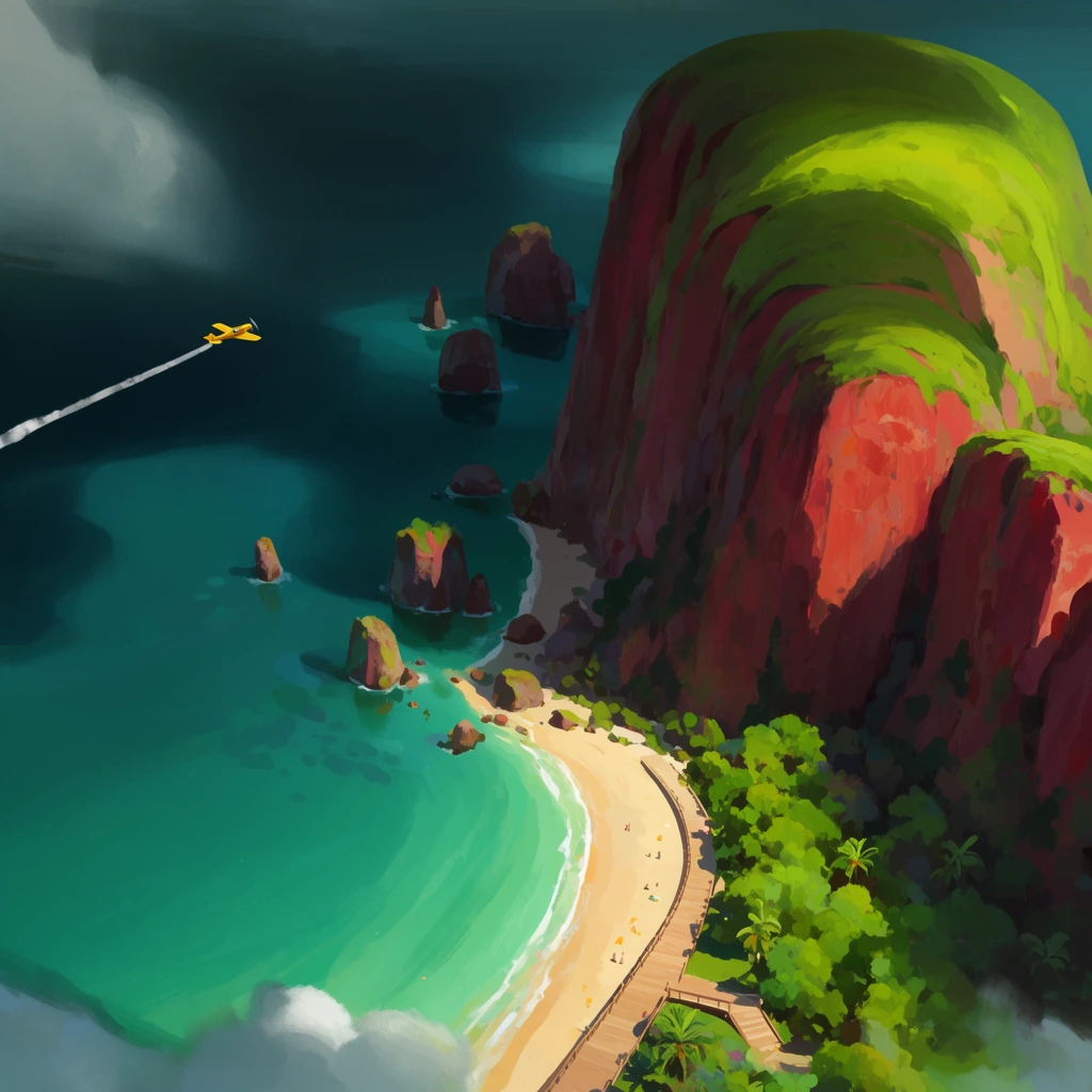 An aerial perspective of a vibrant coastline in a painterly animation style. A massive, sheer cliff with grassy domed tops and reddish rock dominates the right. Below, a crescent sandy beach borders turquoise waters, lush trees, and a boardwalk. Rocky sea stacks dot the ocean. On the left, a tiny yellow airplane flies over deep teal water, leaving a white contrail amidst dramatic cinematic lighting.