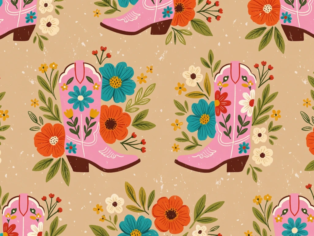 A playful seamless pattern shows bright pink cowboy boots scattered between loose bouquets of wildflowers on a warm beige background, feeling cheerful, country-inspired, and decorative like fabric or wallpaper. Digital illustration, repeating surface pattern design, hand-drawn linework, painterly floral rendering, stylized western motif, folk-art influence, boutique textile print, whimsical, feminine, retro-country, lively but balanced, medium visual complexity, crisp outlines with brush-texture fills, visually adjacent to Rifle Paper Co., Joanna Buchanan, Kate Spade print aesthetics, vintage western ephemera, palette of bubblegum pink, coral red, teal blue, mustard yellow, orange, sage green, olive, cream, and tan, flat even lighting, low shadow, moderate contrast, no camera depth effects, no photographic grain, no lens distortion, intentionally illustrated white scuff-like speckles in the background. The background is a uniform light beige covering the entire image, with scattered small white irregular brush flecks throughout. Across this field, floral clusters and boots are spaced in a repeating arrangement. In the upper left corner, only part of a pink cowboy boot is visible entering from the left edge, with a red flower bouquet above and around it. Near the top center is a bouquet dominated by a large dusty-blue flower with yellow center, surrounded by green leaves and tiny yellow blossoms. Slightly right of top center is a small yellow daisy-like flower with green leaves. In the upper right corner, the front half of another pink cowboy boot enters from the right edge, angled left. Left of center is a bouquet with a large orange flower and blue sprigs. At the center sits the largest floral arrangement: a pink-red flower at top, a blue flower below it, clusters of tiny cream and yellow blossoms, thin pink sprigs, and layered green leaves radiating outward. On the right-center edge is another bouquet with a blue flower and a yellow flower side by side. In the lower left quadrant stands a full pink cowboy boot facing right, decorated with tiny green-and-white floral prints and white stitched wing-like detailing on the shaft, with a brown stacked heel and sole outlined in sketchy strokes. In the lower right quadrant is a matching full pink cowboy boot facing left. Partial orange and red floral clusters peek in from the bottom left, bottom center, and bottom right edges, reinforcing the repeating pattern.