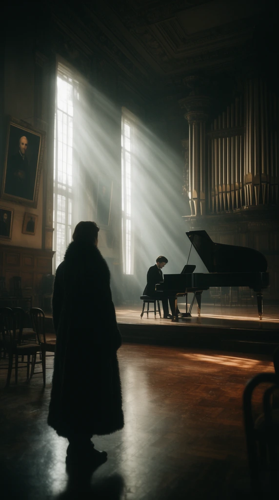 A silhouetted figure in a heavy dark coat stands in a grand, dimly lit hall, observing a distant pianist playing a black grand piano on an elevated stage. Intense volumetric light beams pierce through tall windows, illuminating the polished wooden floor. A massive pipe organ, scattered chairs, and framed portraits complete the moody, cinematic scene.