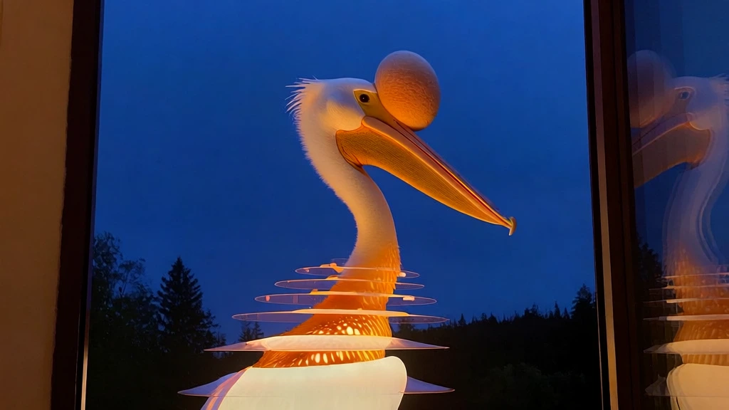 surreal minimalist photography, pelican with a prominent breeding bump on its upper mandible, body featuring tiered translucent layers glowing with internal amber light against a deep cerulean twilight sky, framed by a dark architectural window silhouette, distant silhouettes of a forest line below, a ghostly secondary reflection of the bird floating in the glass, high contrast warm and cool palette, ethereal dreamlike atmosphere, cinematic low-light aesthetics, soft bokeh