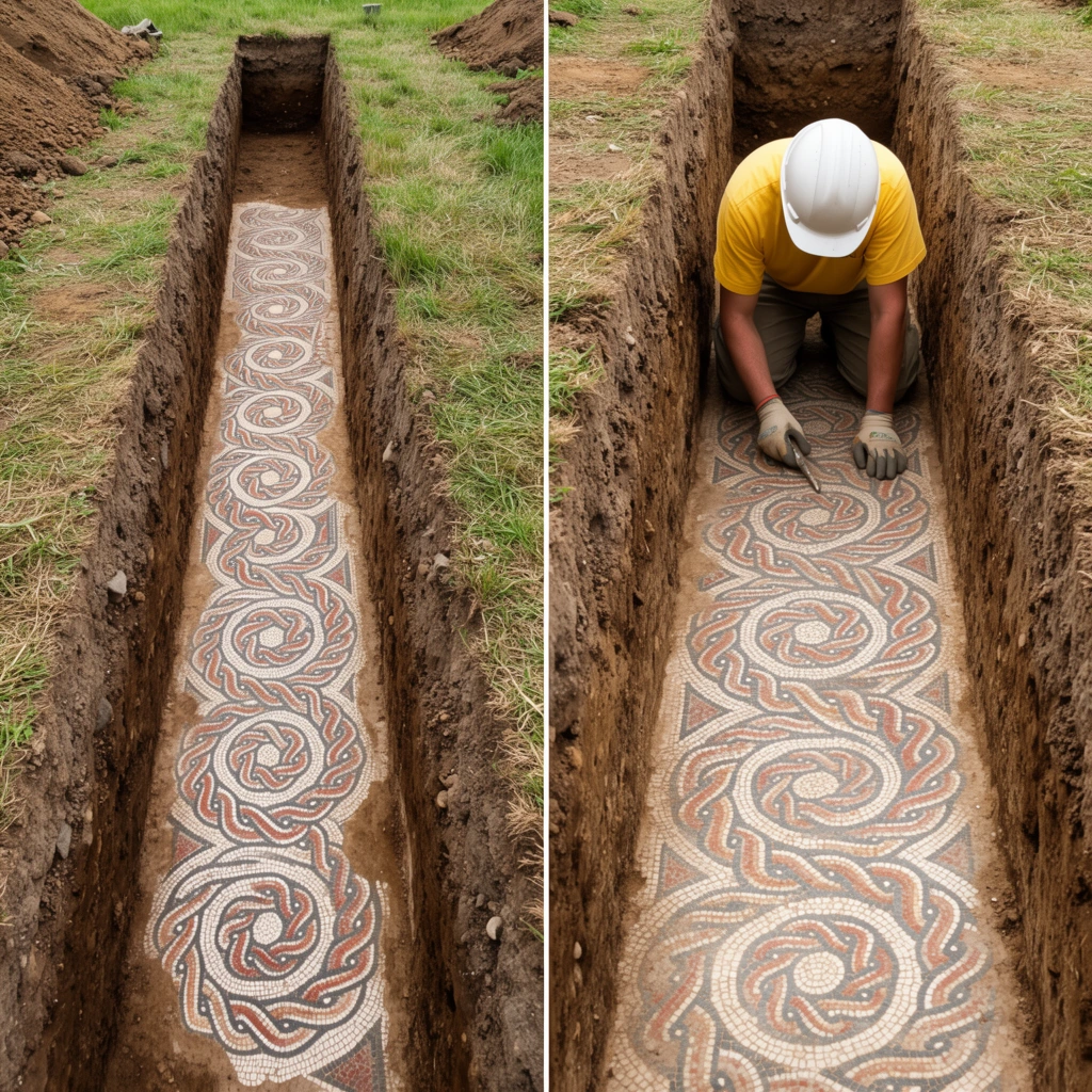 side-by-side archaeological excavation, deep trench cut through brown earth and grass revealing an ancient mosaic floor, intricate red white and grey interlocking spiral patterns, left panel features a high-angle long view of the trench in a field, right panel shows a kneeling worker in a white hardhat and yellow shirt examining the mosaic inside the narrow dirt walls, natural daylight, raw soil contrasting refined historic art