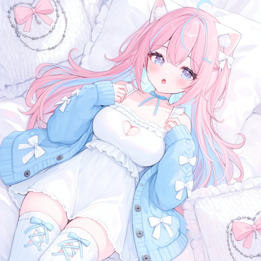 A girl rendered in a 2D anime style with long pink hair, subtle blue highlights, and white animal ears lies on her back across soft white pillows. She has large blue-purple eyes detailed with star-shaped catchlights, flushed cheeks, and a slightly open mouth. Her outfit includes a white ruffled top with a heart-shaped chest cutout, an oversized light blue knit cardigan accented with white bows, a delicate blue ribbon choker, and matching ribbon lace-ups on her thigh-high socks. Captured from a top-down perspective, she gazes upward with her hands positioned gently near her chest. The surrounding bedding features textured white blankets decorated with pink bows and silver bead chains. The digital artwork employs a high-key pastel color palette of baby blue, cotton candy pink, and stark white, utilizing delicate line art and soft, diffused lighting to establish a gentle, dreamlike visual atmosphere.