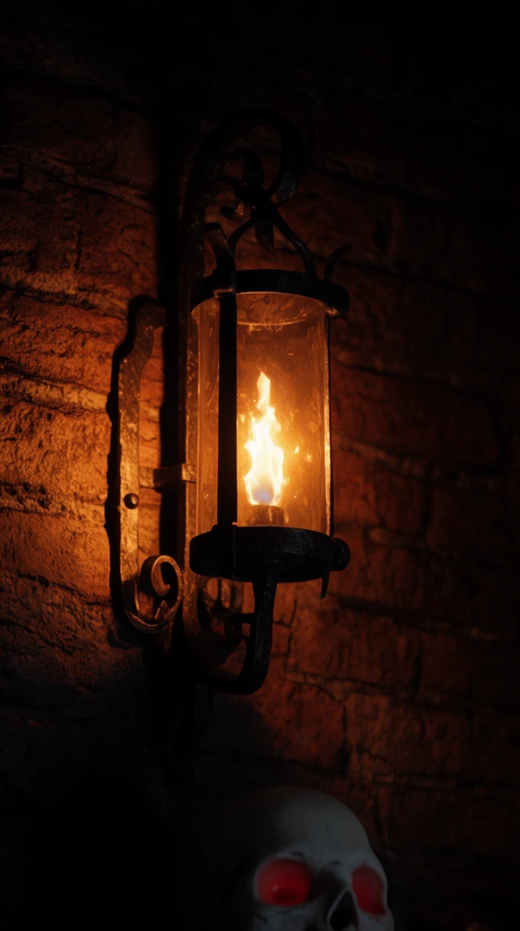 glowing wrought iron wall sconce on a textured brick wall, cylindrical glass lantern with bright firelight, warm orange glow casting deep black shadows, partial white skull with red eye sockets visible at the bottom edge, cinematic low key lighting, ominous dungeon atmosphere