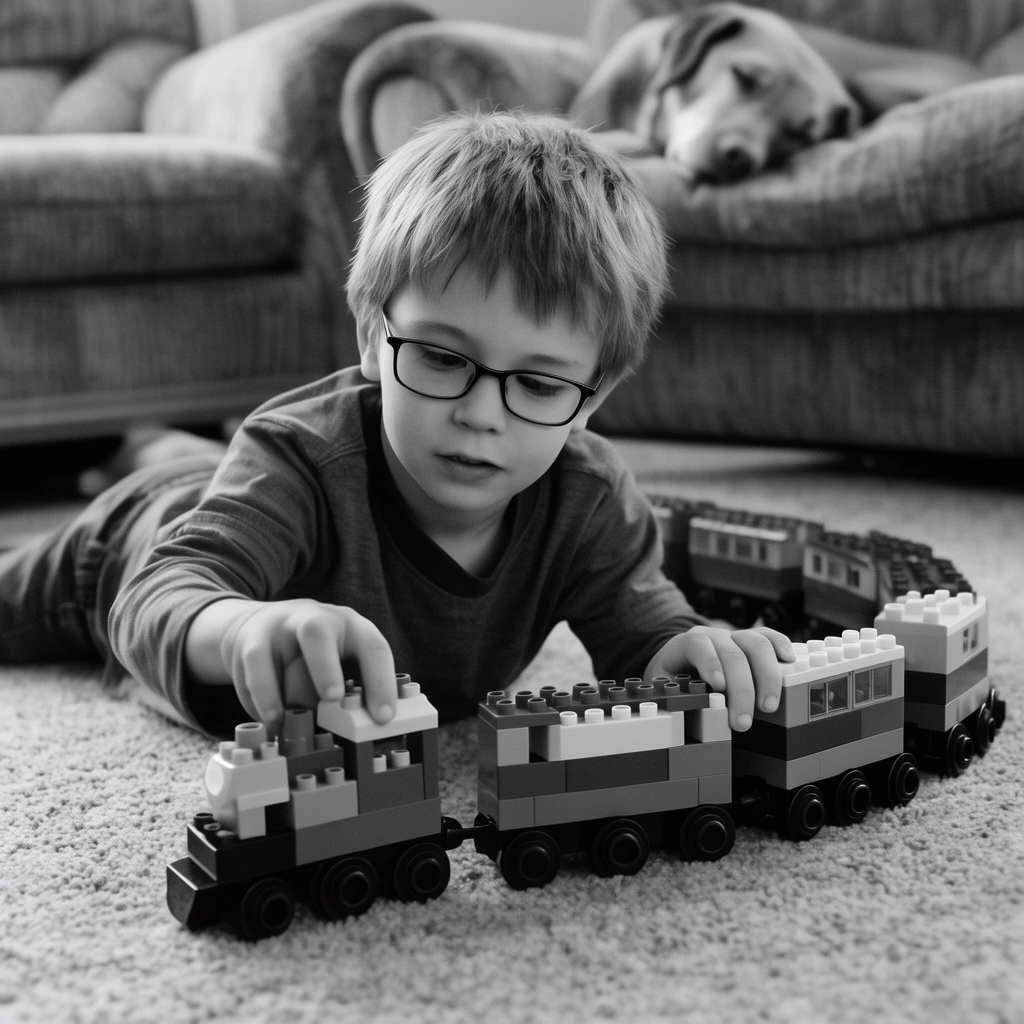 A black and white photograph featuring a boy in glasses lying on a carpet, playing with a plastic building block train. The softly blurred background shows upholstered furniture and a sleeping dog, captured with a shallow depth of field.