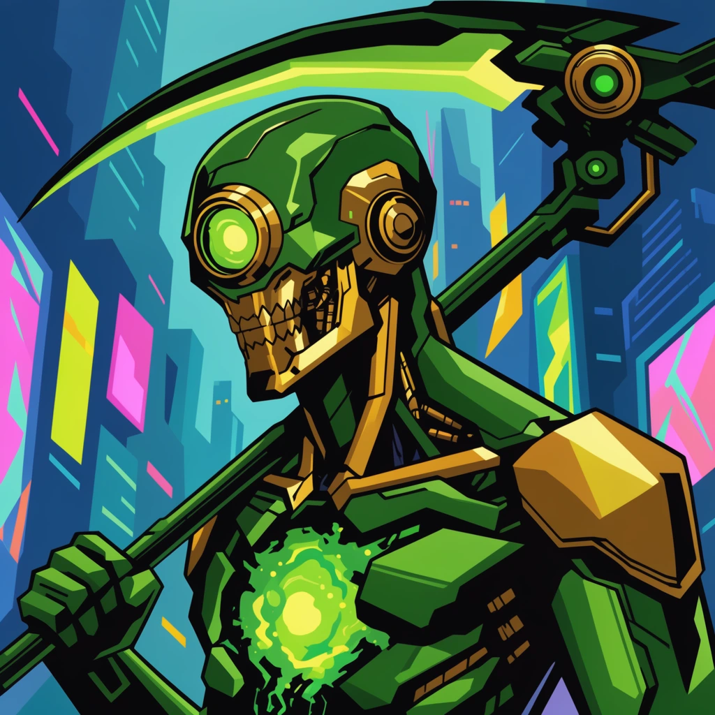 sleek green and gold cyborg, glowing green cyclops eye, exposed metallic jaw, glowing plasma core in chest, massive mechanical scythe, glowing neon cyberpunk cityscape backdrop, flat vector illustration, bold black outlines, graphic novel style, stark contrast, vibrant colors, low angle perspective, sharp geometric lighting, striking mechanical details