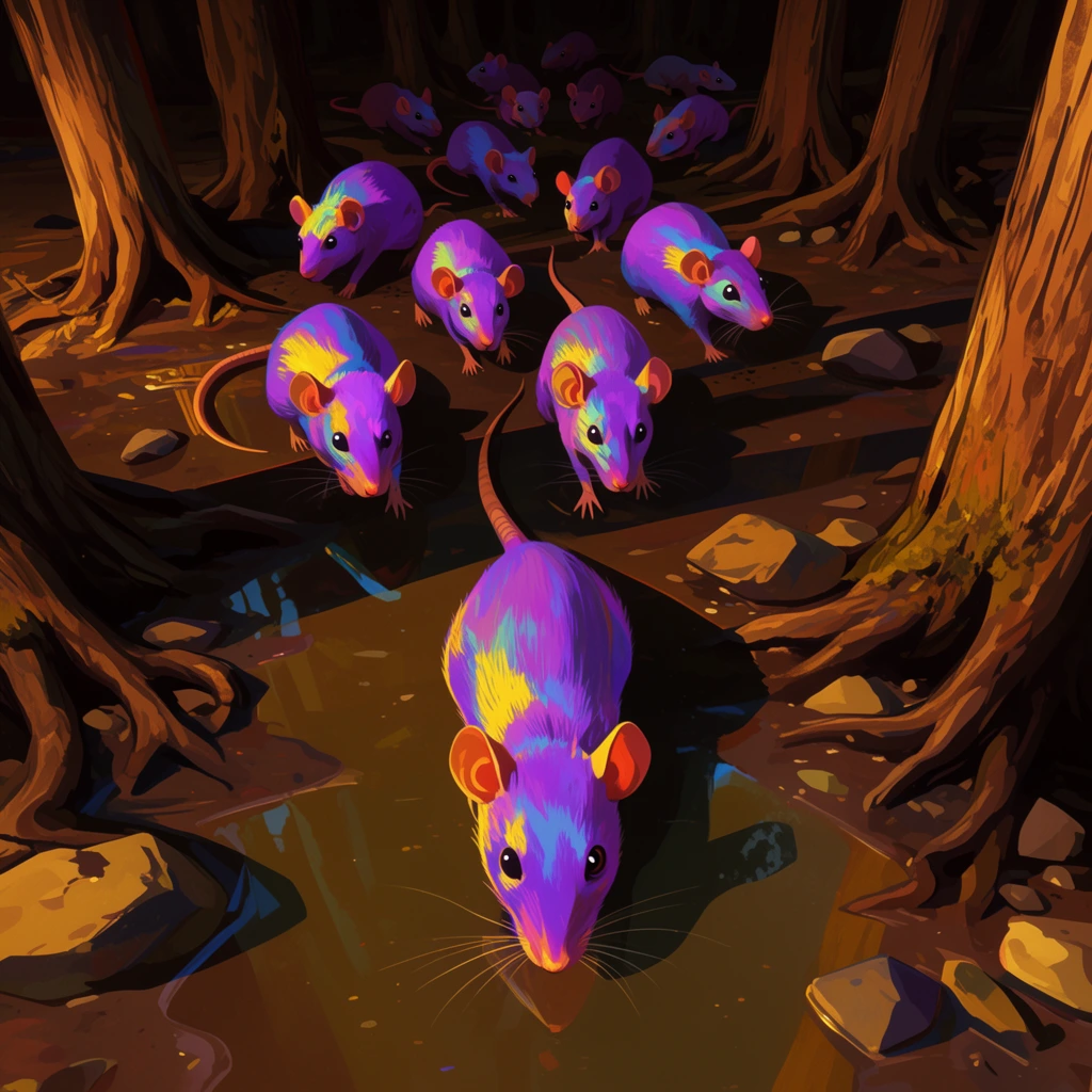 Swarm of iridescent purple and yellow rats marching forward, dark muddy forest floor, stylized digital illustration, thick brown tree trunks, gnarled roots, reflective murky puddles, scattered rocks, warm golden dramatic lighting, sharp diagonal shadows, high-angle perspective, mysterious nocturnal atmosphere, vibrant complementary color palette, surreal wildlife art