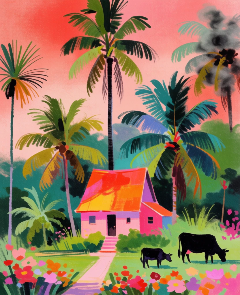 A joyful tropical garden painting shows a small pink house with a blazing orange-yellow roof tucked among palm trees, flowers, and bright green foliage under a cotton-candy pink sky. gouache or acrylic-like digital painting, painterly illustration, naive art, folk-art inspired, contemporary decorative landscape, expressive brushwork, thick visible strokes, whimsical, tropical, cheerful, dreamy, stylized, medium-high visual complexity, visually adjacent to David Hockney, Matisse, Lois Mailou Jones, Geninne Zlatkis, children’s-book illustration energy, saturated palette, pink, coral, orange, lemon yellow, lime green, emerald, teal, mint, lavender, soft even lighting, low shadow contrast, no realistic camera depth, no photographic artifacts, flat perspective, hand-painted texture throughout. The sky fills the entire upper half in layered pale and warm pink horizontal strokes. At the far left edge, a tall yellow-green palm rises from the lower foliage, its dark thin trunk extending nearly to the top, with a loose starburst crown leaning inward. Slightly left of center, another shorter yellow-green palm sits behind the house, its fronds splayed diagonally. Dead center, the tallest palm stands behind the roof peak, with a narrow black trunk and deep green fronds radiating outward. In the upper right quadrant, a large blue-green palm with smoky gray-green underlayers spreads wide; below and farther right, another darker teal palm extends horizontally near the top-right edge. A tiny distant palm appears just above the roofline near center. The house sits in the lower middle: pink walls, a centered dark doorway, small white windows dotted with black marks on both sides, and a steep glowing roof in orange, gold, and yellow with broad curved strokes. A pale pink path starts at the doorstep and runs downward toward the bottom center. Low shrubs and round bushes cluster at the foundation. On the left foreground and midground, thick leafy plants in mint, sage, and dark green form dense borders. On the right midground, orange round blossoms rise behind the house, with pink flowering masses farther right. In the lower right field, two black cow-like animals and a tiny smaller animal graze on light green grass. The bottom edge is packed with loose flower strokes in pink, lavender, peach, coral, and orange, framing the house like a lush tropical garden.