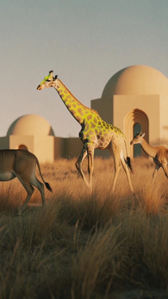 low-angle shot, warm golden hour sunlight, grainy 35mm film texture, muted earthy color palette with a pop of vibrant chartreuse, a young giraffe and savanna animals roaming near architectural structures with elegant domes and towers, dry wispy tall grass in the foreground, soft-focus background, high-fashion editorial aesthetic, naturalistic shadows, tactile textures, nostalgic atmosphere, sun-drenched serene mood, warm ochre and sandy tones