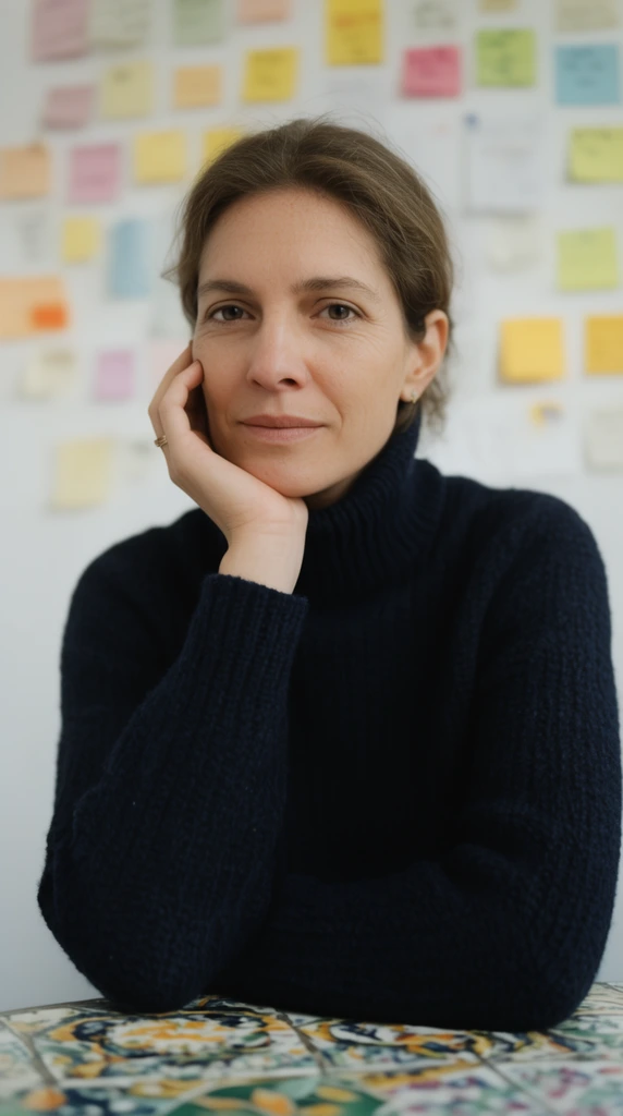 Portrait of woman resting chin on hand, dark navy turtleneck sweater, patterned table, blurred colorful notes on white wall, shallow depth of field