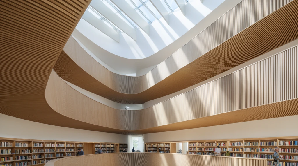 A multi-level modern library atrium features organically curved balconies clad in continuous vertical light wood slats beneath a large skylight. The space is defined by fluid white ceilings and massive curved walls where densely packed wooden ribs form seamless guardrails. Built-in bookshelves filled with colorful spines line the lower perimeter, alongside small figures of people browsing that establish a monumental scale. Sunlight streams through the beam-segmented skylight, casting dramatic linear shadows across the wooden surfaces. The wide-angle architectural composition emphasizes the airy void and the striking contrast between rigid vertical textures and soft undulating forms.