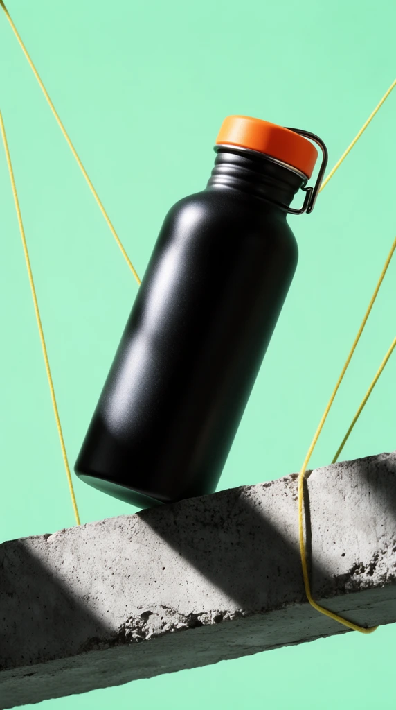 Matte black metal water bottle with orange cap, balancing on a rough concrete beam, suspended by thin yellow strings, solid mint green background, dramatic diagonal shadows, high contrast studio lighting, minimalist surreal product photography, crisp focus