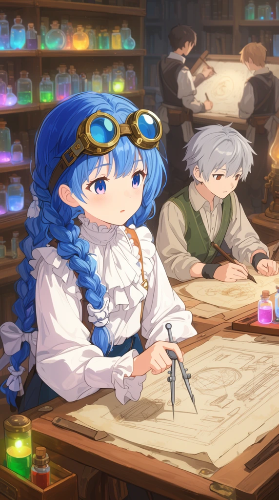 Anime style, young girl with braided blue hair and brass goggles, ruffled blouse, sitting at drafting table holding a compass, looking at silver-haired boy drawing on parchment, background shelves with glowing glass vials, two distant apprentices working, soft warm lighting