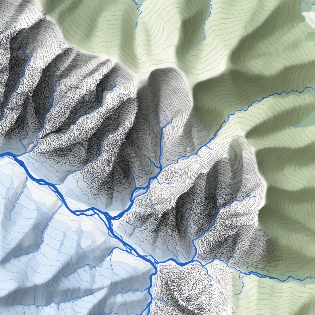abstract topographic map of mountainous terrain, intricate contour lines mapping elevation, prominent solid blue river networks flowing through valleys, steep cliffs rendered with dense black stippling and crowded contours, smooth 3D hillshade relief, pale green slopes with olive lines in the upper right quadrant, icy blue valleys in the lower left, precise cartographic illustration, technical vector aesthetic, high-contrast linework over soft dimensional shading