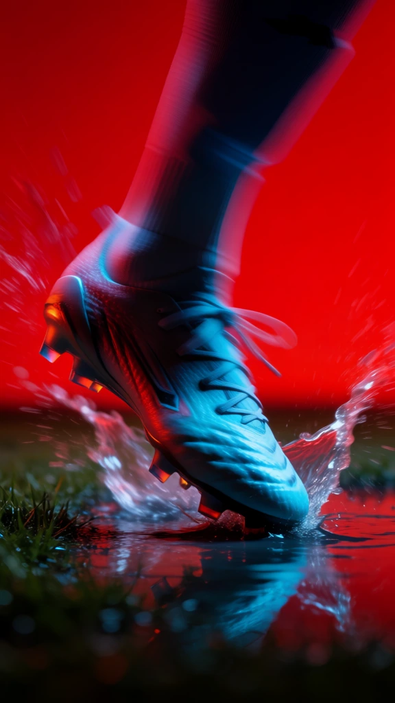 low-angle close-up of a soccer cleat striking a shallow puddle on a grassy field, vibrant cyan gelled lighting highlighting the shoe and water droplets, deep saturated red background, long exposure motion blur, kinetic light trails, ghostly double exposure effect, cinematic high-contrast aesthetic, sharp textures against ethereal haziness, moody atmospheric lighting, intense color saturation, dramatic shadows, fluid motion captured with light streaks, immersive and abstract sports photography