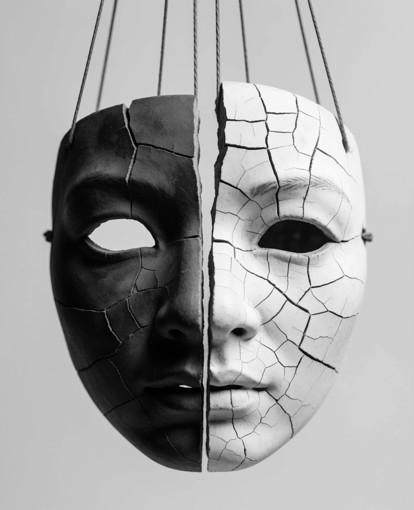 A monochrome close-up captures two halves of a fractured ceramic mask, one black and one white, suspended by thin wires against a plain background. The left half of the mask is a dark, charcoal gray with numerous jagged cracks running across its surface, and its eye socket is a hollow cutout revealing the pale background behind it. The right half is a stark white, also covered in intricate, spider-webbing cracks, but its eye socket appears as a dark, shadowy void. Both pieces represent a human face with defined features like an arched eyebrow, a portion of a nose, and half of a slightly parted mouth. The two halves are separated by a narrow vertical gap down the center, creating a fragmented facial structure. Each piece is held up by four thin, dark vertical strings that extend from the top edges of the mask pieces toward the top of the frame. The background is a uniform, light gray, providing a neutral backdrop that emphasizes the contrast of the mask's halves. The lighting is soft and even, highlighting the matte, weathered texture of the material. The image is rendered in black and white, resulting in a high-contrast, symmetrical composition with a centered perspective.