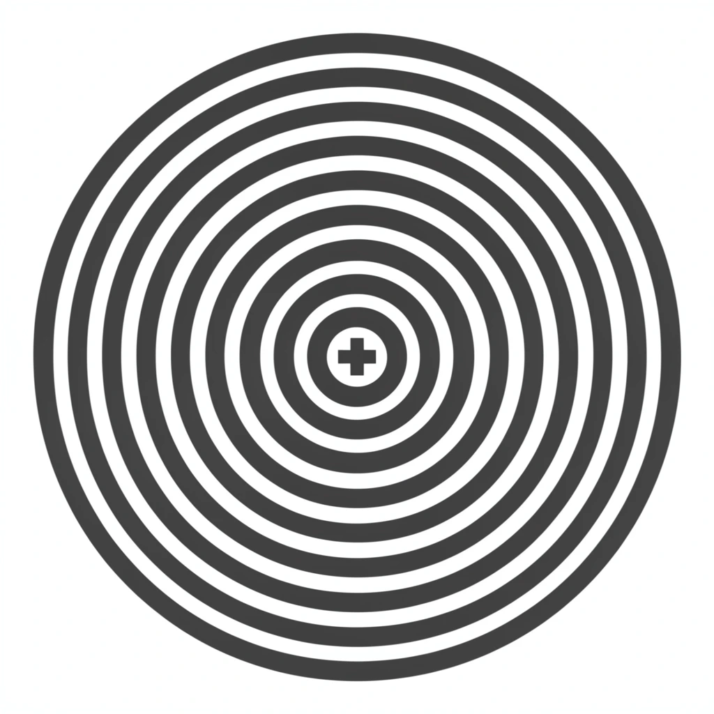 dark grey concentric circles forming a bullseye pattern, small cross shape in the center, evenly spaced flat rings, pure white background, minimalist geometric vector design, high contrast monochrome
