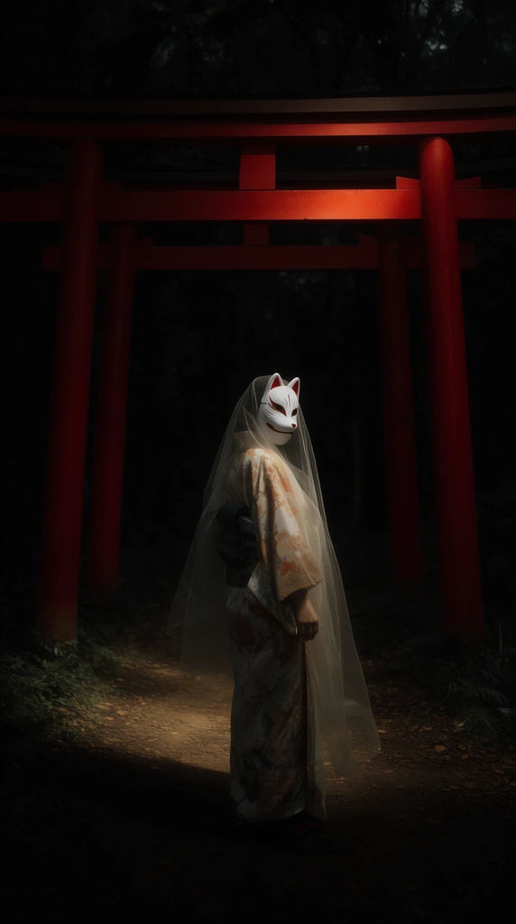 Figure wearing a white kitsune mask and kimono draped in a sheer translucent veil, standing beneath vibrant red torii gates, glancing back over the shoulder, dark dirt path, dense black forest background, dramatic spotlight, low key cinematic photography
