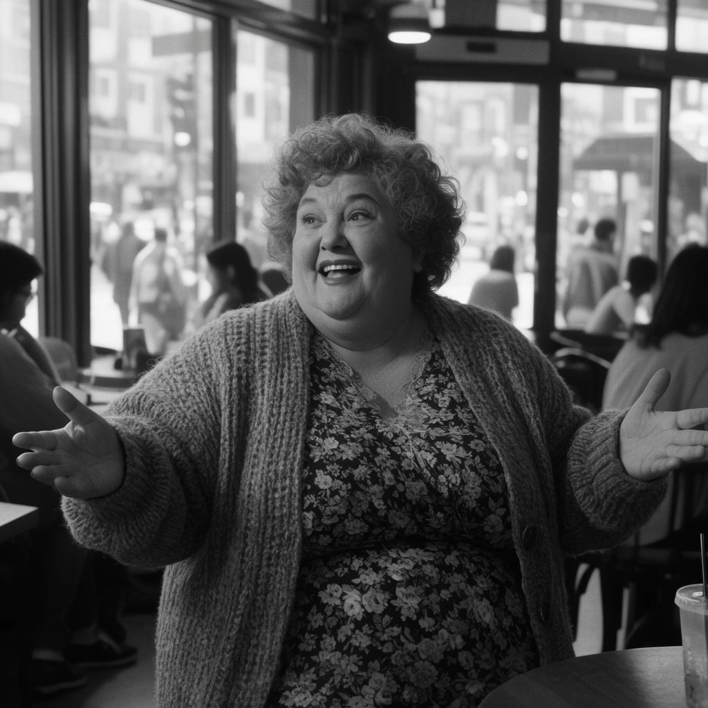 A heavy-set older woman with thick curly hair gestures enthusiastically with arms outstretched inside a bustling cafe. She wears a chunky knit cardigan over a floral dress, her face animated with a wide smile, looking off-camera with open palms. Captured in high-contrast black and white cinematic photography, the mid-shot focuses sharply on her textured clothing and expressive features. Large glass windows behind her reveal a brightly lit, blurred street view with silhouetted pedestrians.